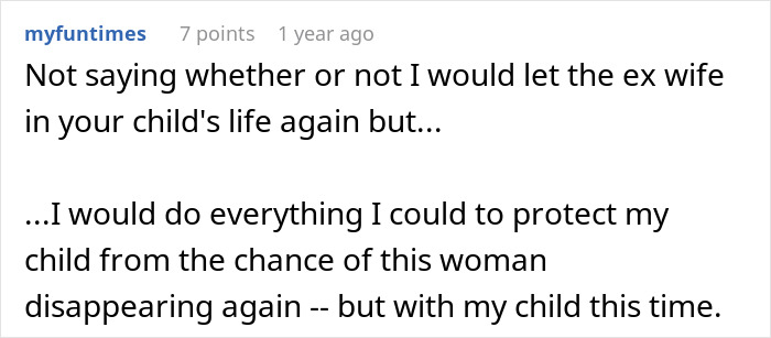 Screenshot of a user comment discussing a man raising newborn alone and concerns about his ex reappearing years later. Screenshot of a user comment discussing a man raising newborn alone and concerns about his ex reappearing years later.