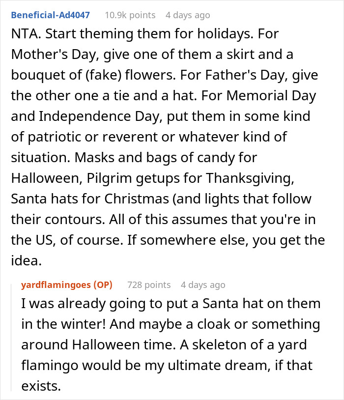Comments discussing themed decorations for pink flamingos and a neighbor planning to buy more pink flamingos in a Facebook campaign. Comments discussing themed decorations for pink flamingos and a neighbor planning to buy more pink flamingos in a Facebook campaign.