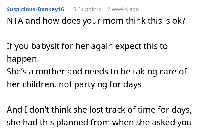 Screenshot of a Reddit comment criticizing a sister leaving her 18-year-old sibling to care for two kids for days. Screenshot of a Reddit comment criticizing a sister leaving her 18-year-old sibling to care for two kids for days.