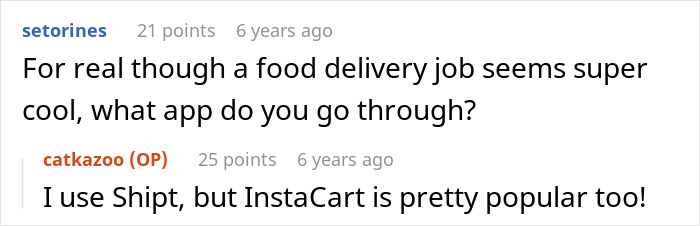 Screenshot of a conversation about food delivery apps mentioning Shipt and InstaCart in an online forum. Screenshot of a conversation about food delivery apps mentioning Shipt and InstaCart in an online forum.