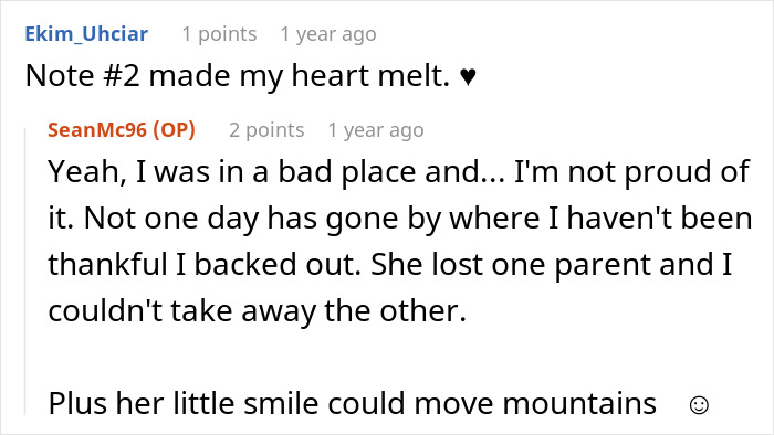 Screenshot of a Reddit conversation about a man raising newborn alone and his feelings when ex reappears years later. Screenshot of a Reddit conversation about a man raising newborn alone and his feelings when ex reappears years later.