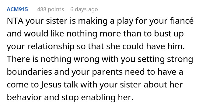 Reddit comment discussing a woman banned from wedding after making below-the-belt comments about sister’s fiancé.