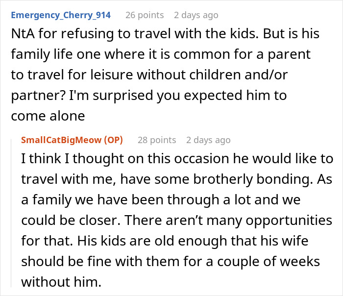 Reddit discussion about man planning life-changing trip after cancer, backing out due to brother’s picky kids being invited.