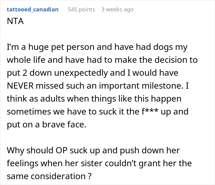 Reddit comment discussing maid of honor missing sister’s wedding after losing dog and feeling hurt by being ditched too. Reddit comment discussing maid of honor missing sister’s wedding after losing dog and feeling hurt by being ditched too.