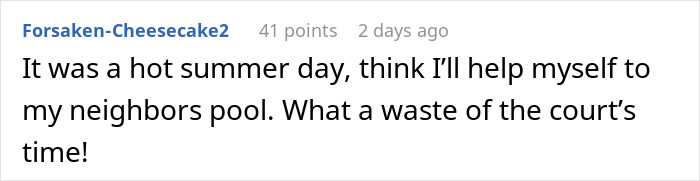 Screenshot of a social media comment about neighbors sending their relatives to use the pool without consent on a hot summer day. Screenshot of a social media comment about neighbors sending their relatives to use the pool without consent on a hot summer day.