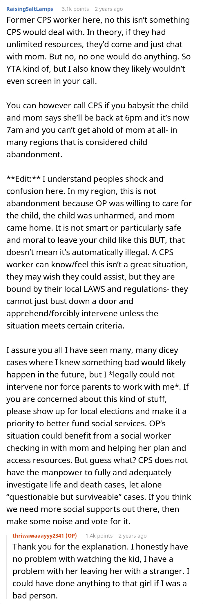 Screenshot of Reddit comments discussing child abandonment and CPS intervention after woman leaves child with stranger roommate briefly. Screenshot of Reddit comments discussing child abandonment and CPS intervention after woman leaves child with stranger roommate briefly.