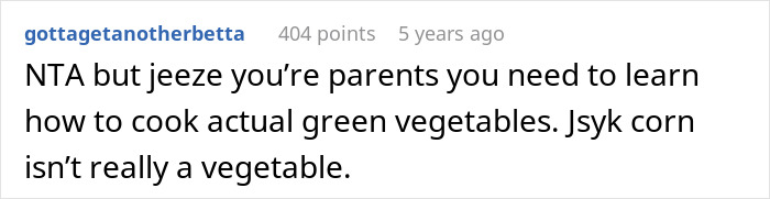 Screenshot of a Reddit comment discussing parents forcing their teen son to be vegan and cooking green vegetables. Screenshot of a Reddit comment discussing parents forcing their teen son to be vegan and cooking green vegetables.