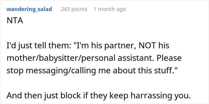 Screenshot of an online forum comment advising to set boundaries with helicopter parents treating partner like a nanny and planner. Screenshot of an online forum comment advising to set boundaries with helicopter parents treating partner like a nanny and planner.