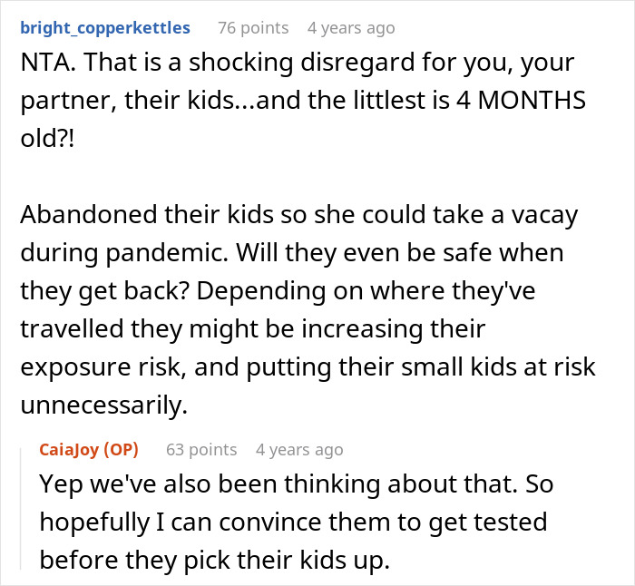 Reddit comments discussing babysitting risks and family conflicts during a pandemic involving small kids and exposure concerns.