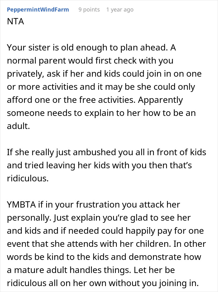 Reddit comment discussing refusal to babysit step sister’s kids, highlighting family drama and planning issues. Reddit comment discussing refusal to babysit step sister’s kids, highlighting family drama and planning issues.