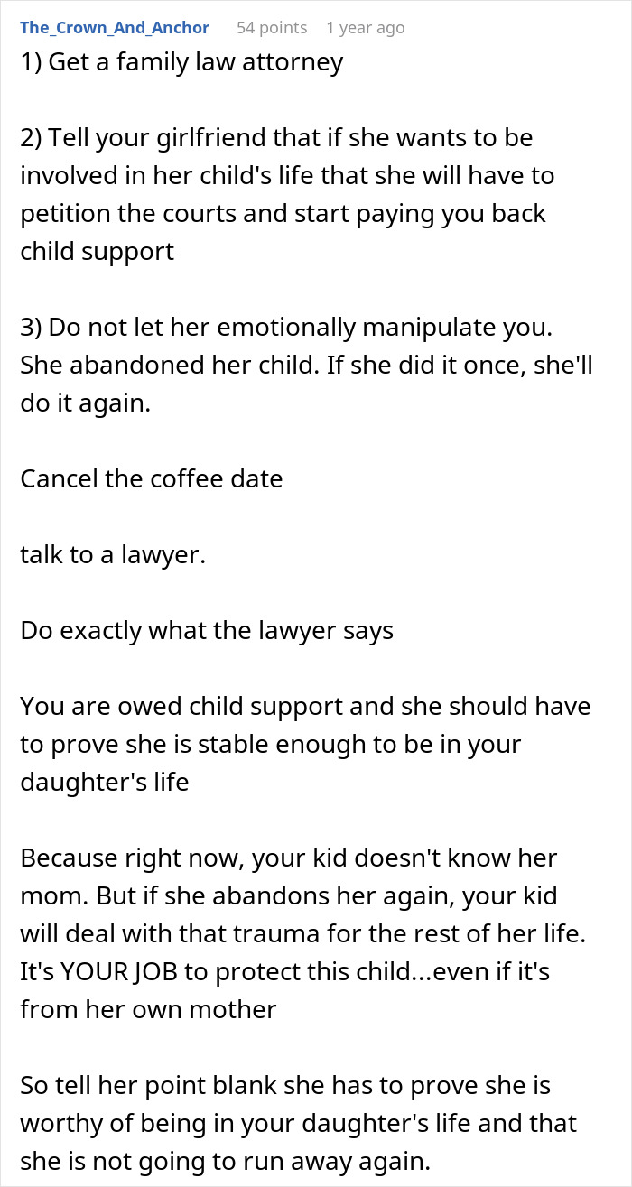 Text of advice about child support and forgiveness for man who raises newborn alone after ex reappears three years later Text of advice about child support and forgiveness for man who raises newborn alone after ex reappears three years later