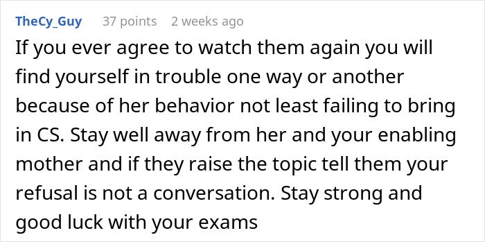 Screenshot of a Reddit comment warning about difficulties in watching kids and enabling problematic behavior in family conflicts. Screenshot of a Reddit comment warning about difficulties in watching kids and enabling problematic behavior in family conflicts.