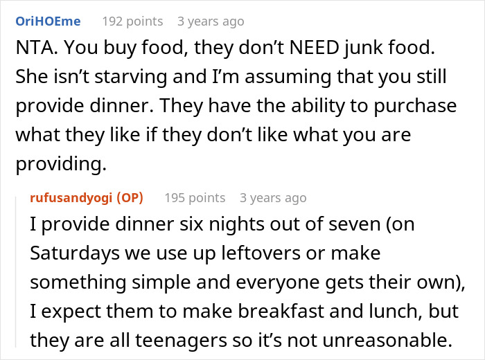 Screenshot of an online discussion about a mom making teen kids pay for their own junk food and family meal responsibilities. Screenshot of an online discussion about a mom making teen kids pay for their own junk food and family meal responsibilities.
