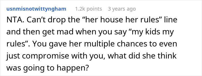 Comment discussing a mom refusing to leave kids with MIL after she keeps feeding them fast food in a Reddit thread. Comment discussing a mom refusing to leave kids with MIL after she keeps feeding them fast food in a Reddit thread.
