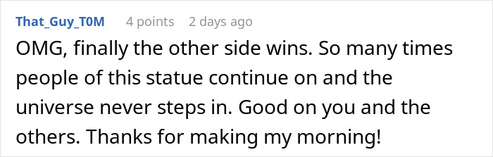 Screenshot of a positive comment praising those who stood against a manager who created a hostile workplace.