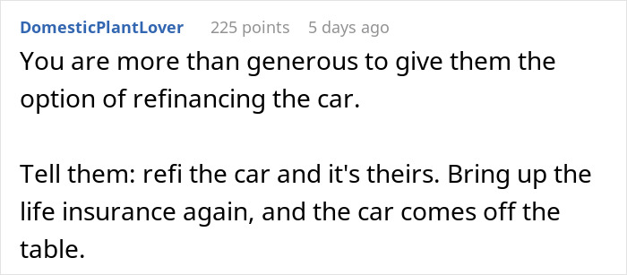 Screenshot of a Reddit comment discussing refinancing a car and referring to a life insurance policy dispute. Screenshot of a Reddit comment discussing refinancing a car and referring to a life insurance policy dispute.
