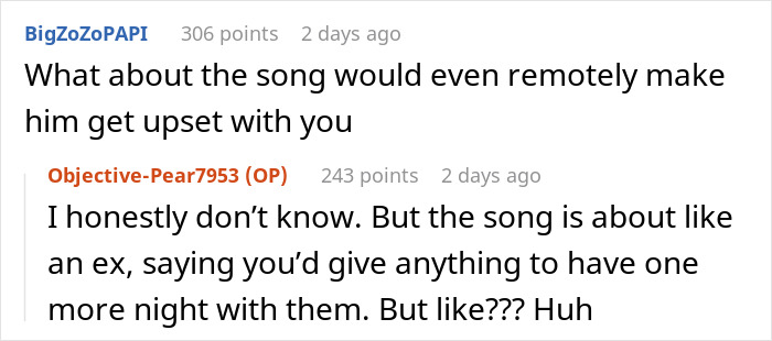Screenshot of a Reddit conversation discussing a guy upset with how his girlfriend connects with the song she performs at school. Screenshot of a Reddit conversation discussing a guy upset with how his girlfriend connects with the song she performs at school.