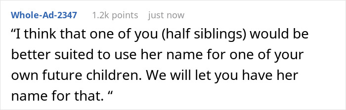 Text post from a user discussing a dad who sees grandbaby as a sign from late wife and demands naming after her. Text post from a user discussing a dad who sees grandbaby as a sign from late wife and demands naming after her.