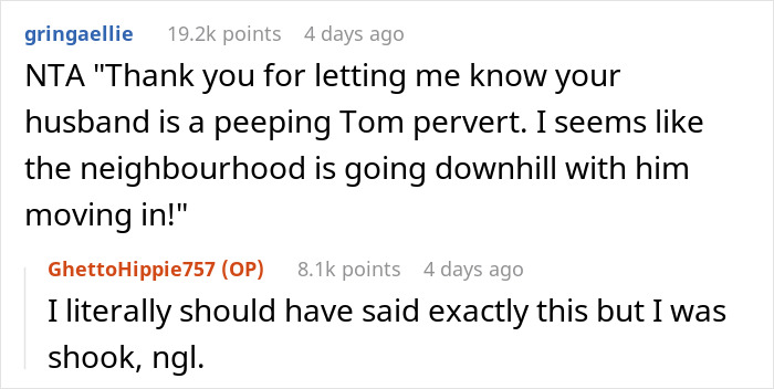 Screenshot of a Reddit conversation about a neighbor complaining over a woman’s outfit because her husband keeps staring.