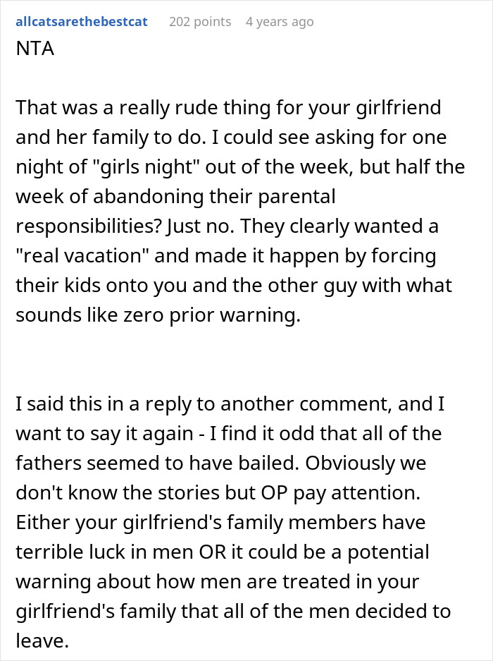 Reddit comment criticizing a man’s experience watching four kids during a trip with girlfriend’s family. Reddit comment criticizing a man’s experience watching four kids during a trip with girlfriend’s family.