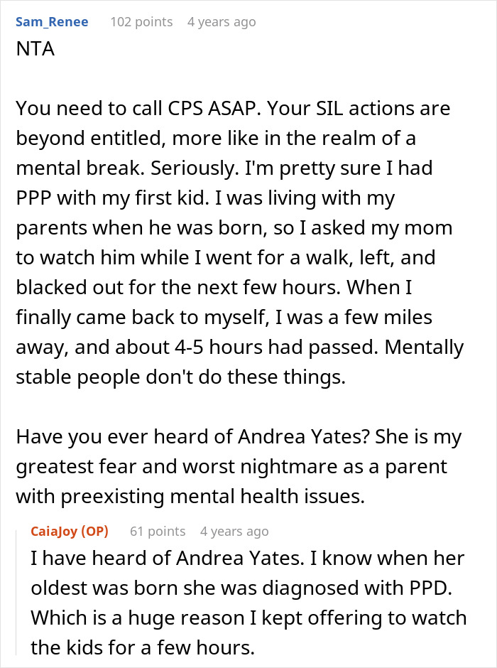 Comment discussing babysitting nightmare involving SIL’s kids, highlighting mental health and prolonged childcare issues.
