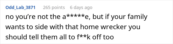 Screenshot of a social media comment discussing family drama involving woman and sister's fiancé before wedding.