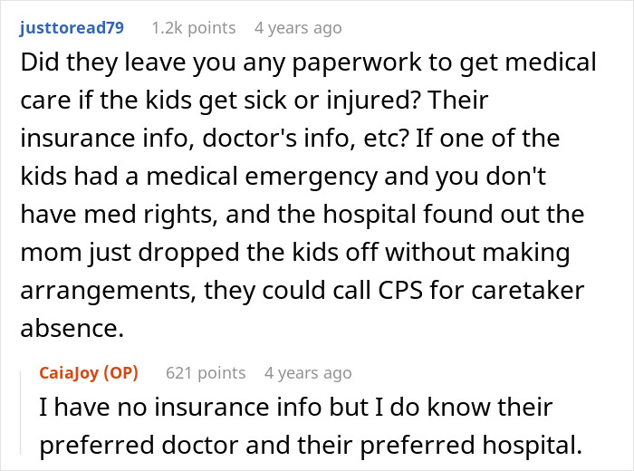 Comment discussing lack of medical paperwork and insurance details during a babysitting nightmare for aunt and SIL’s kids.
