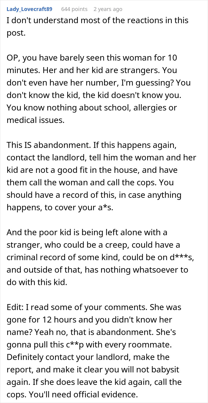 Commenter warns about woman abandoning child with stranger roommate after knowing her for only 10 minutes, calling it abandonment. Commenter warns about woman abandoning child with stranger roommate after knowing her for only 10 minutes, calling it abandonment.