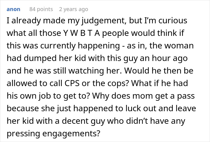 ALT text: Screenshot of a forum comment discussing a woman abandoning her child with a stranger roommate due to a work emergency. ALT text: Screenshot of a forum comment discussing a woman abandoning her child with a stranger roommate due to a work emergency.