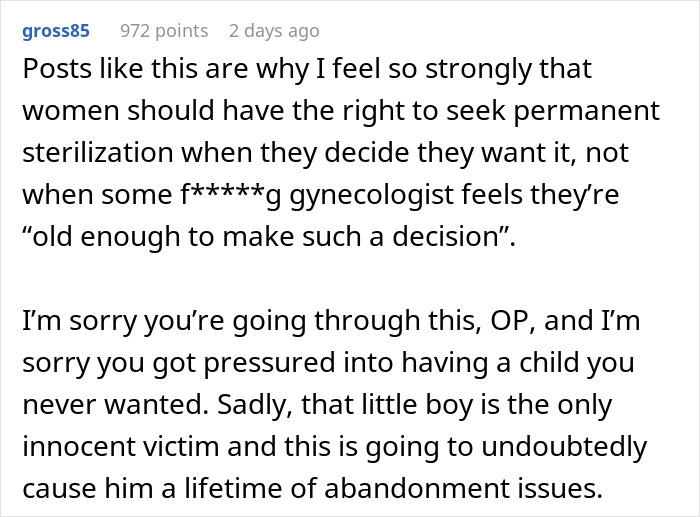 Reddit comment discussing a mom tired of her cheating husband and unwanted child, expressing strong opinions on sterilization rights. Reddit comment discussing a mom tired of her cheating husband and unwanted child, expressing strong opinions on sterilization rights.