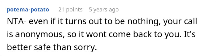 Screenshot of a Reddit comment discussing anonymous reporting in a story about a man terrified by how roommate’s guest treats her kid. Screenshot of a Reddit comment discussing anonymous reporting in a story about a man terrified by how roommate’s guest treats her kid.