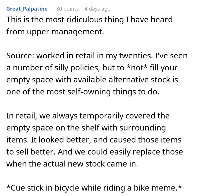 Text post discussing retail management policies about not filling empty shelves, impacting sales and store presentation. Text post discussing retail management policies about not filling empty shelves, impacting sales and store presentation.