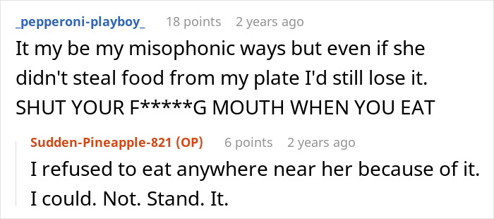 Screenshot of a Reddit conversation about a person getting revenge on a roommate stealing food off their plate. Screenshot of a Reddit conversation about a person getting revenge on a roommate stealing food off their plate.