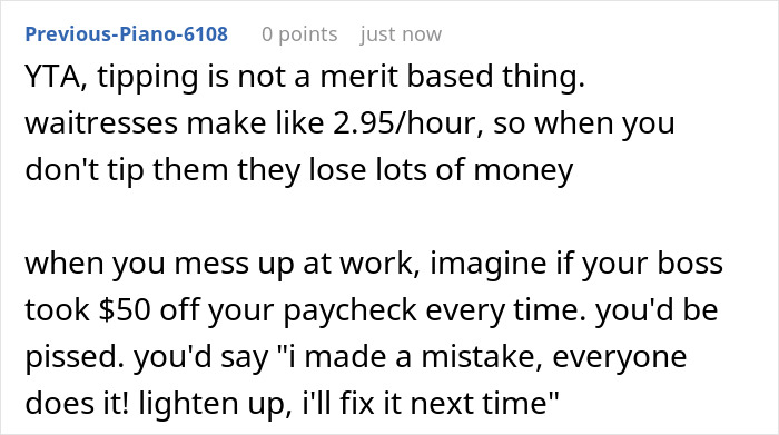 Comment discussing fairness of tipping waitress on a 300 plus dollar tab and impact on their wages. Comment discussing fairness of tipping waitress on a 300 plus dollar tab and impact on their wages.
