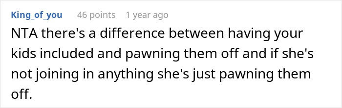 Screenshot of an online comment discussing refusal to babysit step sister’s kids causing family drama. Screenshot of an online comment discussing refusal to babysit step sister’s kids causing family drama.