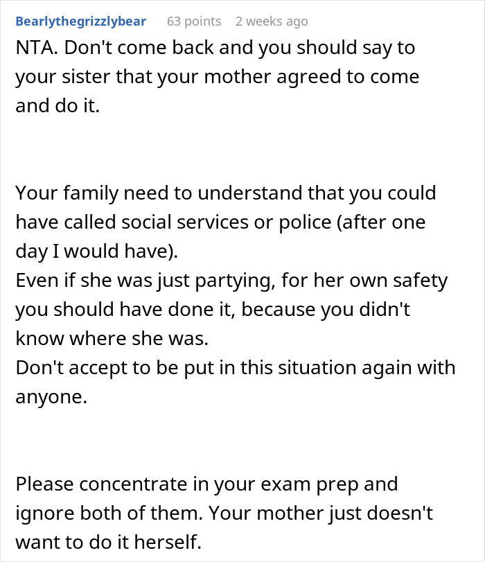 Comment advising not to accept sister leaving 18YO with two kids for days and suggesting calling social services for safety. Comment advising not to accept sister leaving 18YO with two kids for days and suggesting calling social services for safety.
