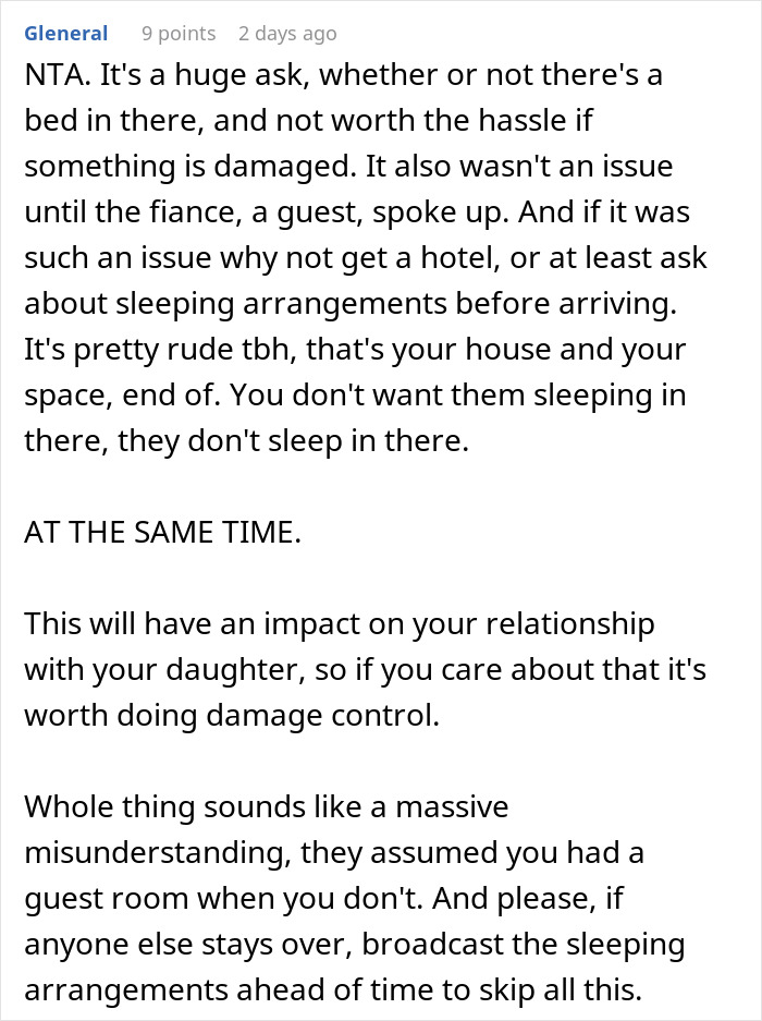 Comment discussing a guy prioritizing his miniature wargaming studio over his daughter and her fiancé's sleeping arrangements. Comment discussing a guy prioritizing his miniature wargaming studio over his daughter and her fiancé's sleeping arrangements.