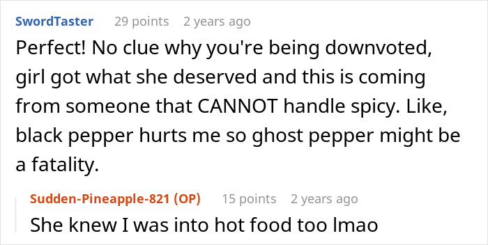 Text conversation about revenge on a roommate stealing food, mentioning spice levels and hot food preferences. Text conversation about revenge on a roommate stealing food, mentioning spice levels and hot food preferences.