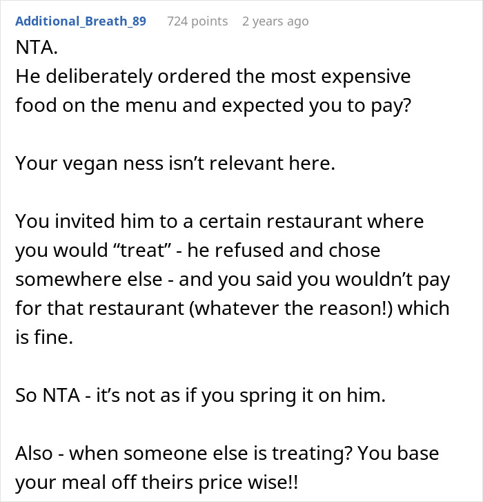 Comment discussing friend laughing off vegan’s warning about paying only for his food and bill surprises. Comment discussing friend laughing off vegan’s warning about paying only for his food and bill surprises.