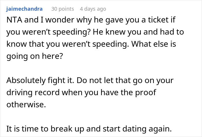 Online comment discussing a cop wrongfully ticketing a driver who is his daughter's boyfriend for speeding. Online comment discussing a cop wrongfully ticketing a driver who is his daughter's boyfriend for speeding.