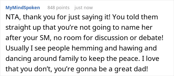 Reddit comment about dad wanting son to name grandbaby after late wife and son firmly refusing the request. Reddit comment about dad wanting son to name grandbaby after late wife and son firmly refusing the request.