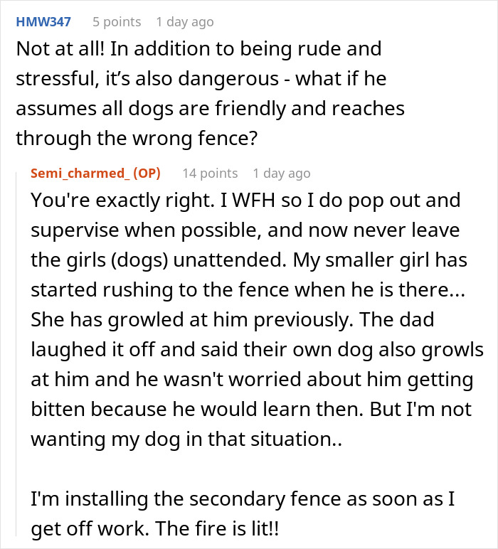 Reddit conversation about neighbor’s kid turning fence into fast food window for dogs and woman building barricade.
