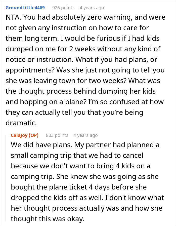 Reddit comments discussing an aunt unexpectedly trapped in a two week babysitting nightmare with SIL’s kids.