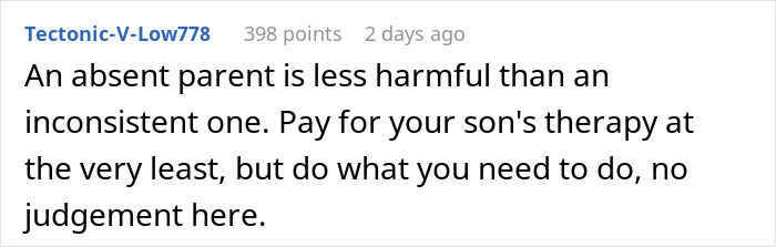 Comment about absent parent and paying for son's therapy, reflecting on challenges of a tired mom with cheating husband and unwanted child. Comment about absent parent and paying for son's therapy, reflecting on challenges of a tired mom with cheating husband and unwanted child.