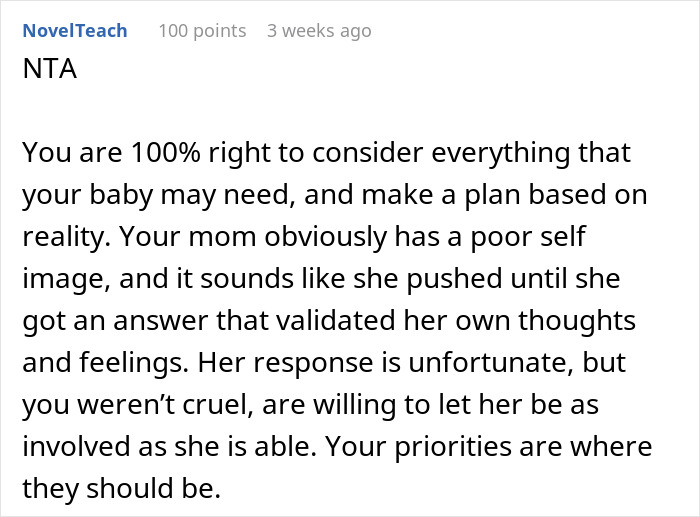 Comment discussing a woman refusing her obese mom to babysit her newborn, addressing concerns of fat shaming and self-image. Comment discussing a woman refusing her obese mom to babysit her newborn, addressing concerns of fat shaming and self-image.