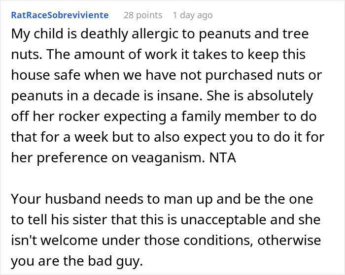 Comment discussing highly sensitive SIL’s demands and family tensions over allergy and veganism concerns. Comment discussing highly sensitive SIL’s demands and family tensions over allergy and veganism concerns.
