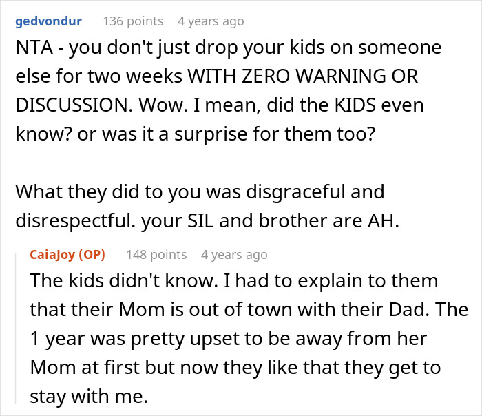 Reddit users discuss aunt’s surprise two week babysitting nightmare with SIL’s kids and lack of warning or discussion.