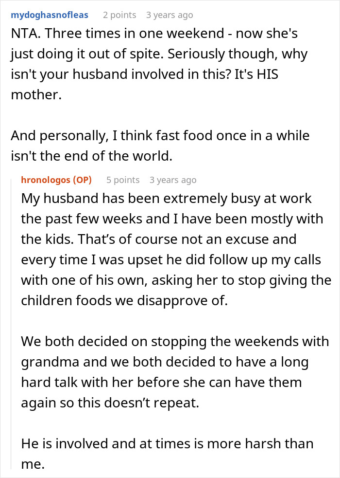 Reddit conversation about mom refusing to leave kids with MIL due to her repeatedly feeding them fast food. Reddit conversation about mom refusing to leave kids with MIL due to her repeatedly feeding them fast food.