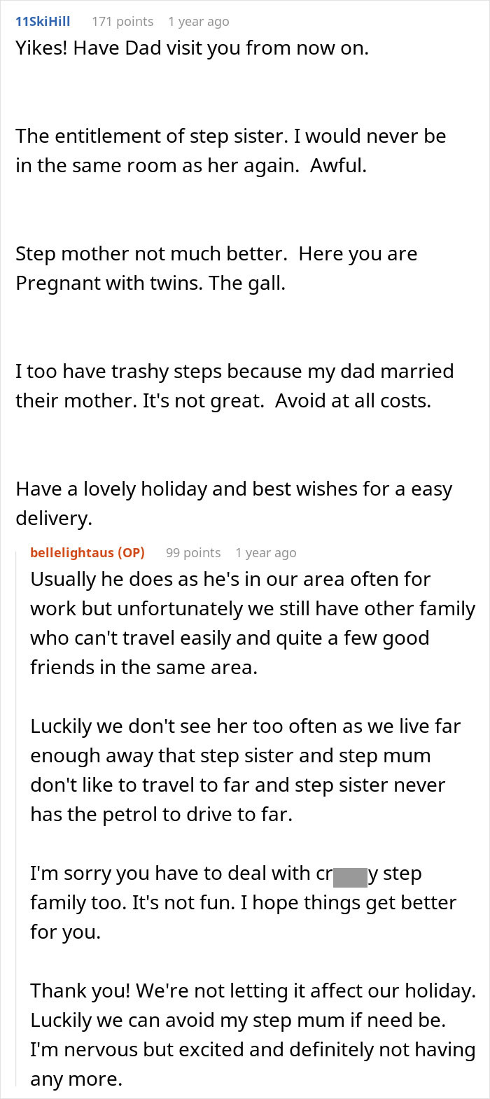 Screenshot of an online discussion about woman refusing babysit step sister’s kids, causing family drama. Screenshot of an online discussion about woman refusing babysit step sister’s kids, causing family drama.