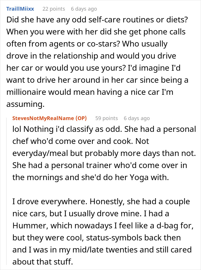 Screenshot of an online conversation where a guy shares details about dating a famous actress, discussing lifestyle and driving habits.